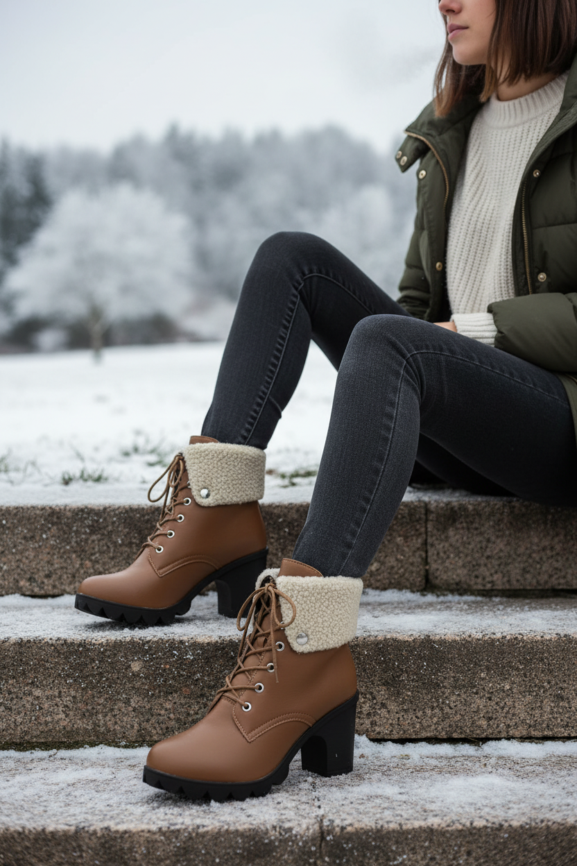 Sherpa Cuff Lace-Up Lug Sole Block High Heel Round Toe Faux Leather Chunky Ankle Boots