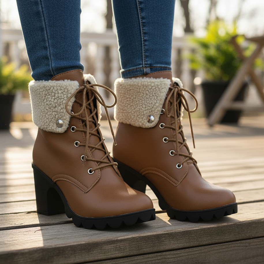 Sherpa Cuff Lace-Up Lug Sole Block High Heel Round Toe Faux Leather Chunky Ankle Boots