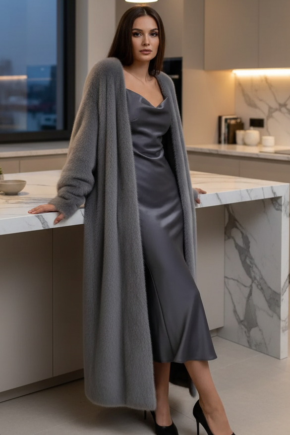 Oversized Longline Cozy Open Front Plush Long Sleeve Fuzzy Full-length Cardigan