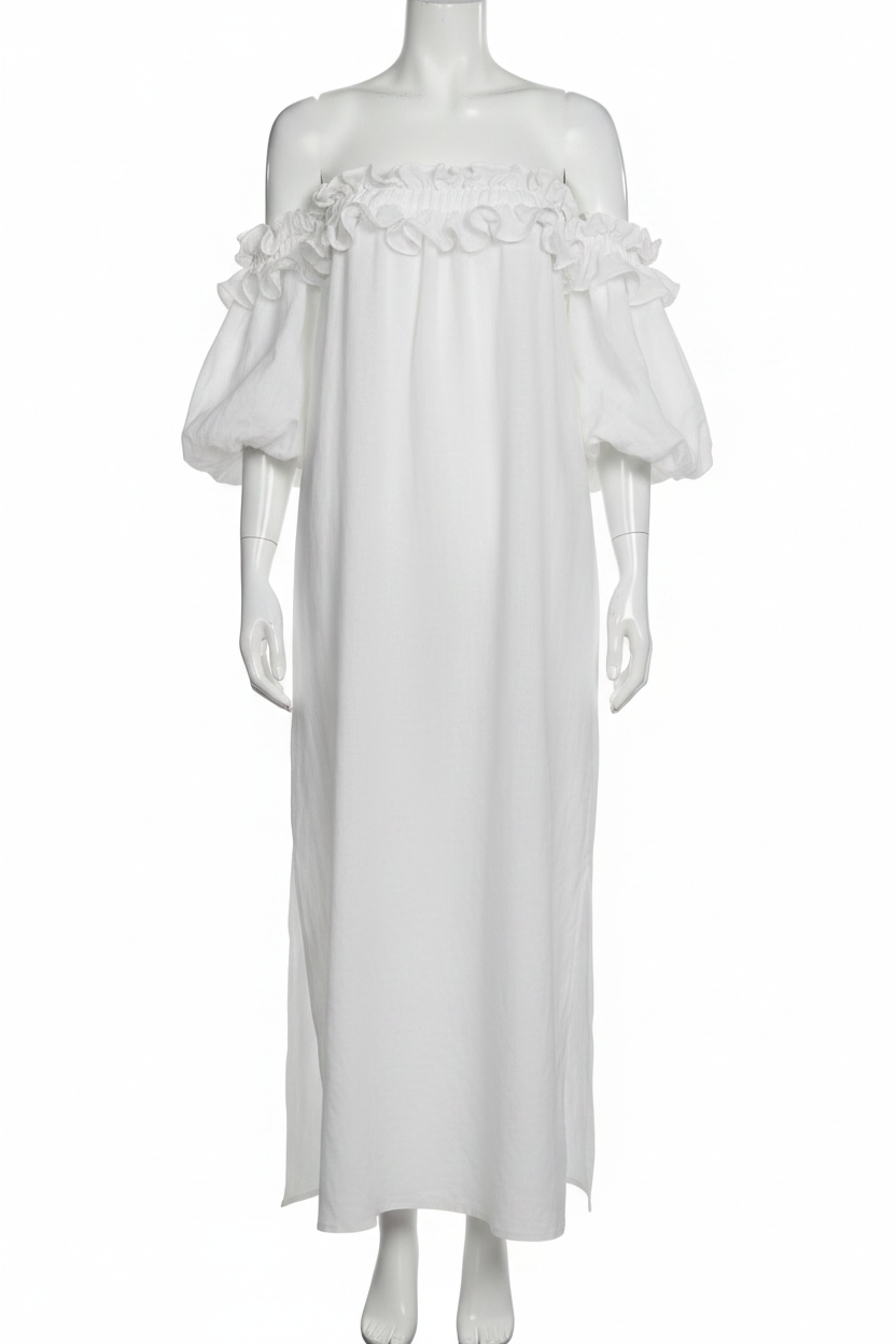 Dramatic Ruffle Off-Shoulder Puff Sleeve Side Pocket Relaxed Column Slit Maxi Dress