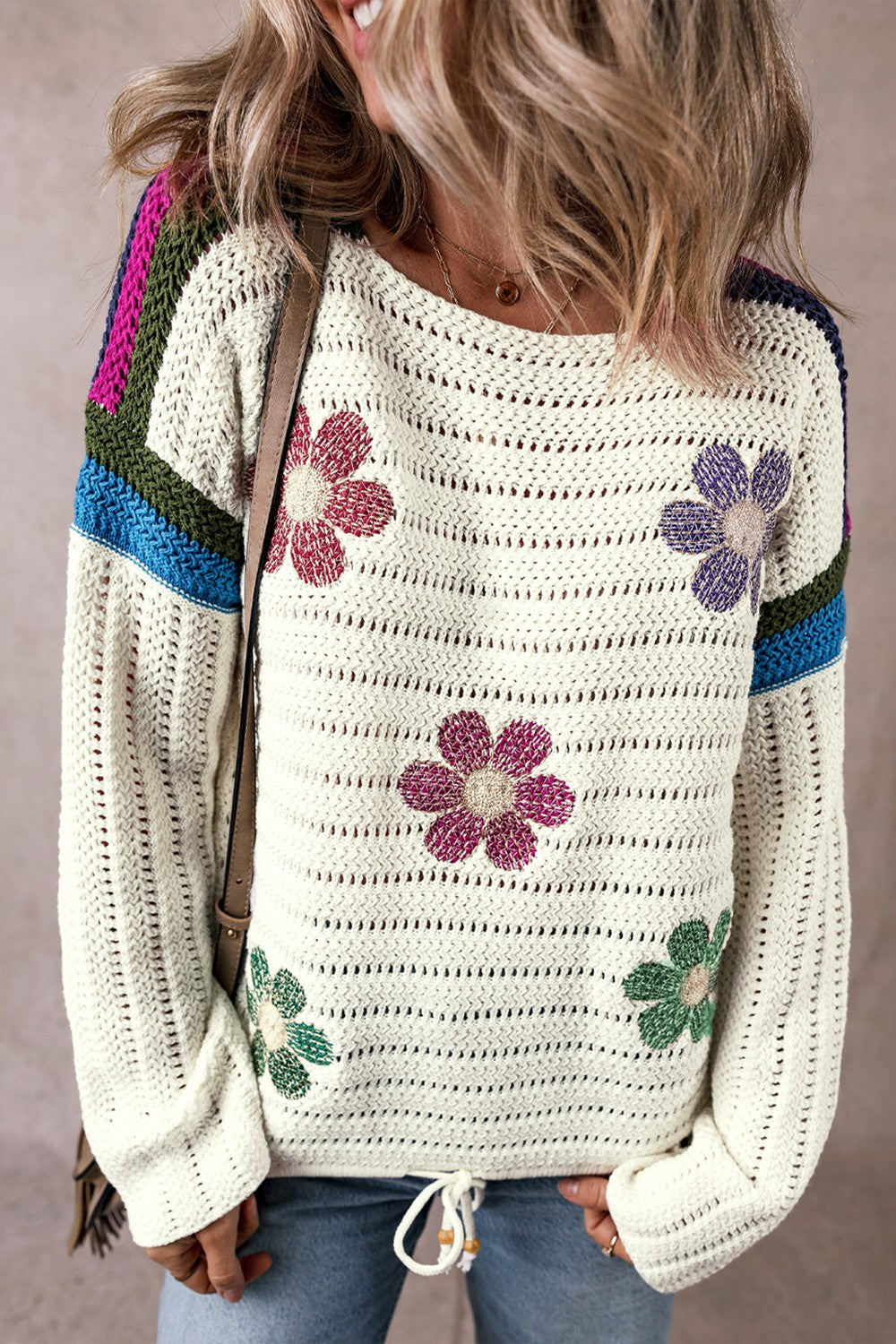 Colorful Crochet Daisy Retro Flower Hippie Long Sleeve Top Drawstring Hem Knit Sweater