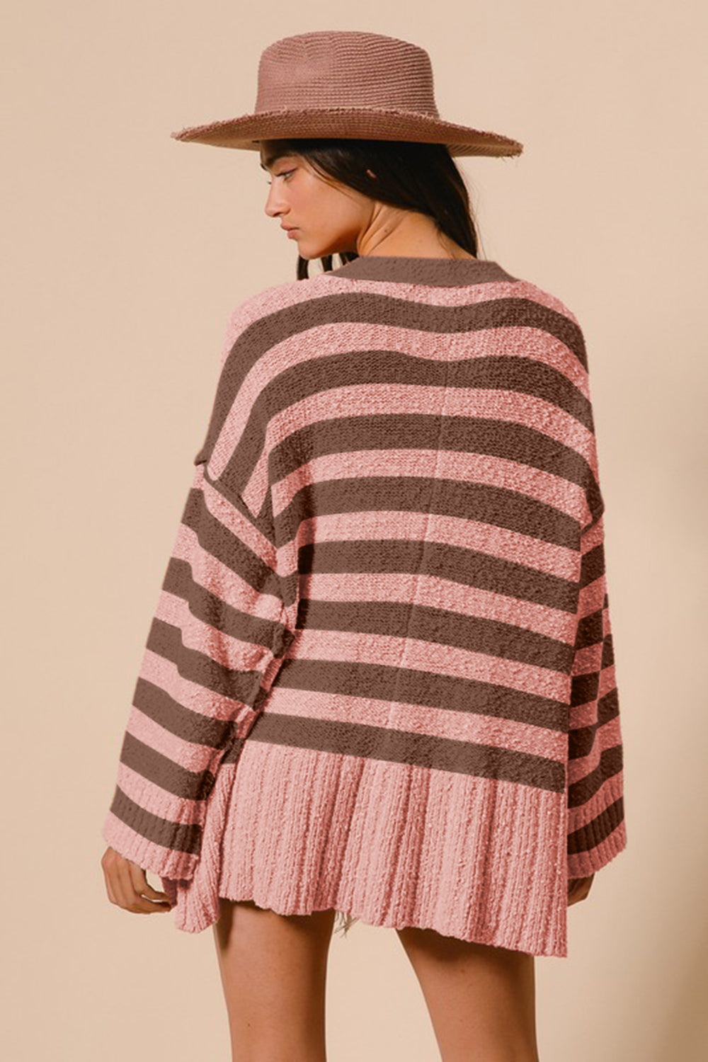 BiBi Oversized Knit Cardigan Slit Side Long Sleeve Stripe Soft Button-Up Sweater