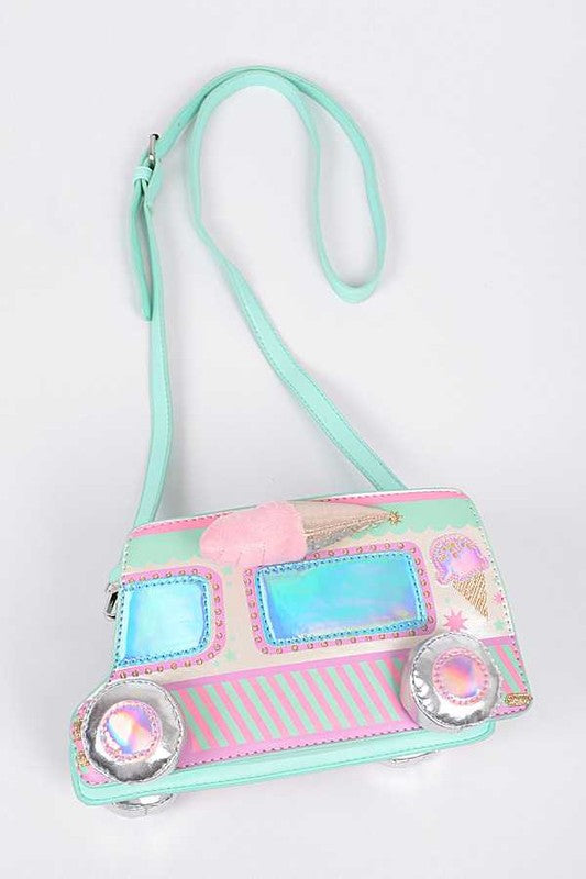 Iridescent 3D Ice-cream Truck Purse Convertible Crossbody Shoulder Novelty Bag Clutch Vegan Fun Eclectic