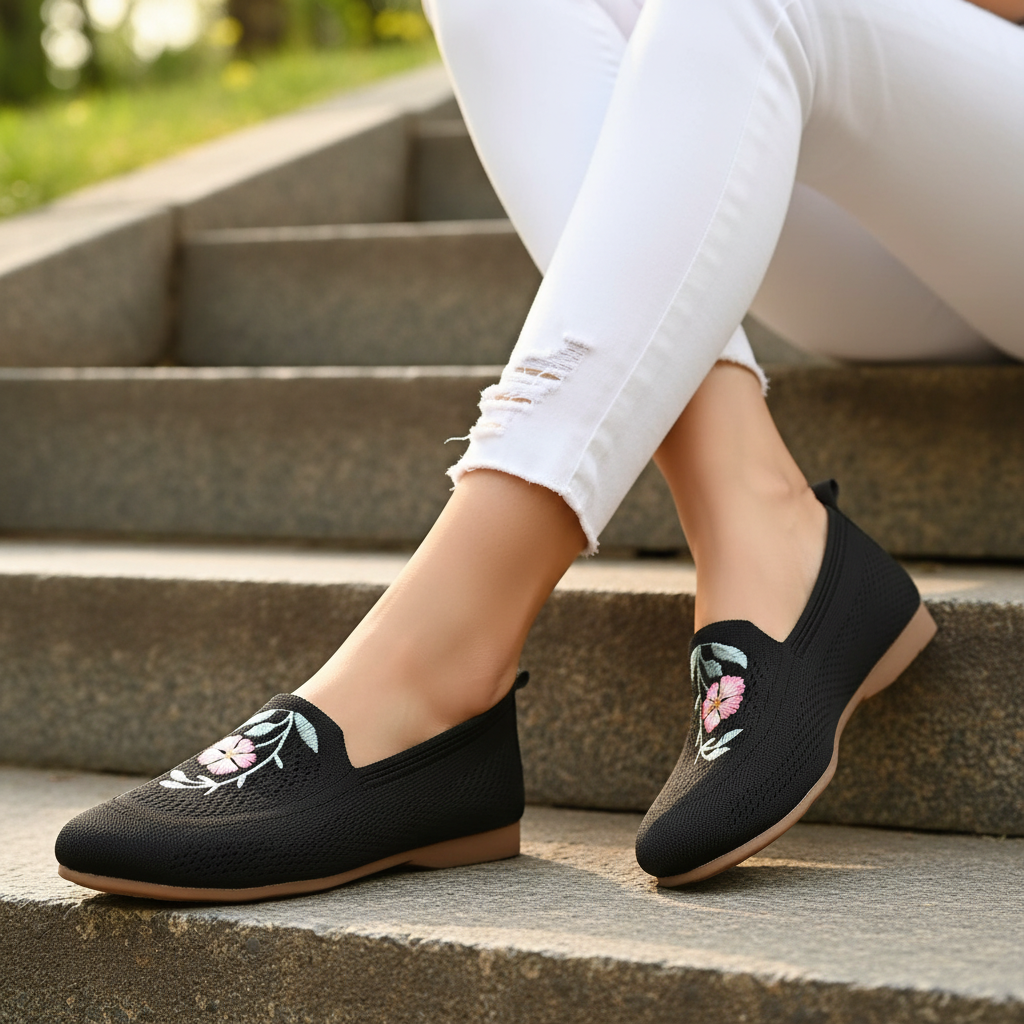 Retro Floral Embroidered Knit Slip-On Loafers Round Toe Shoes Ballet Flats