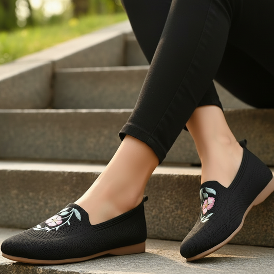 Retro Floral Embroidered Knit Slip-On Loafers Round Toe Shoes Ballet Flats