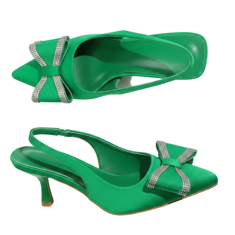 Rhinestone Double Bow Sparkling Pointed Toe Slingback Shoes Statement Kitten Heels