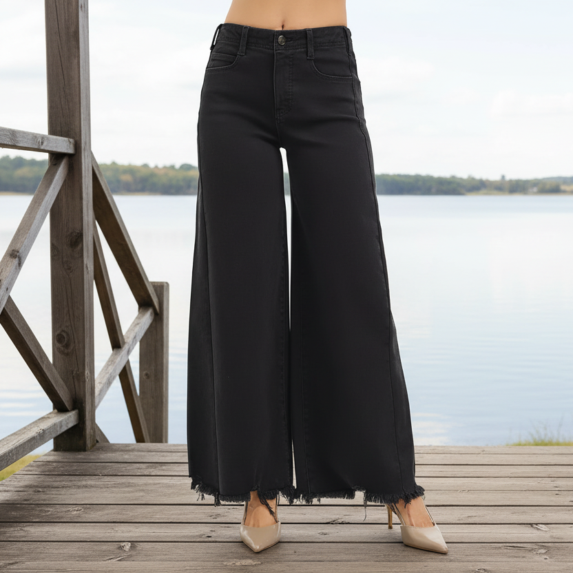 Risen Tummy Control High-Rise Palazzo Wide Leg Jeans Frayed Hem Denim Pants