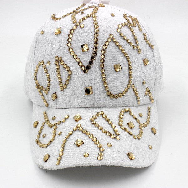 Lace Rhinestone Hat Women Baseball Cap Gold Studded Cotton Glamor Fashion