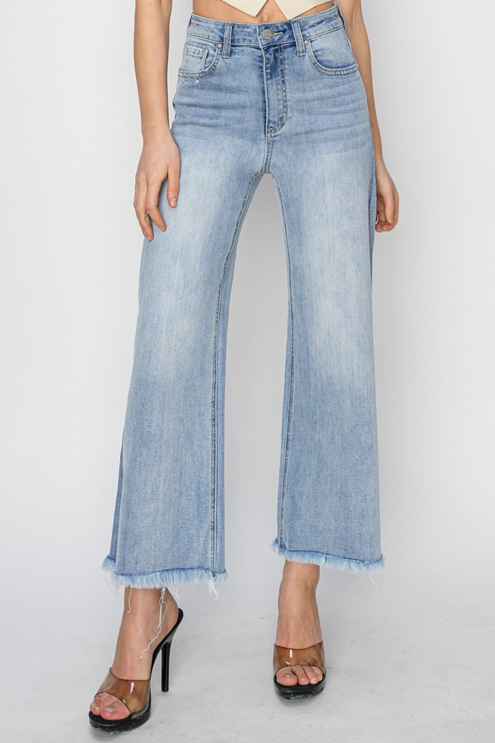 RISEN High-Rise Waist Pants Wide Leg Cropped Raw Frayed Hem Boyfriend Denim Jeans