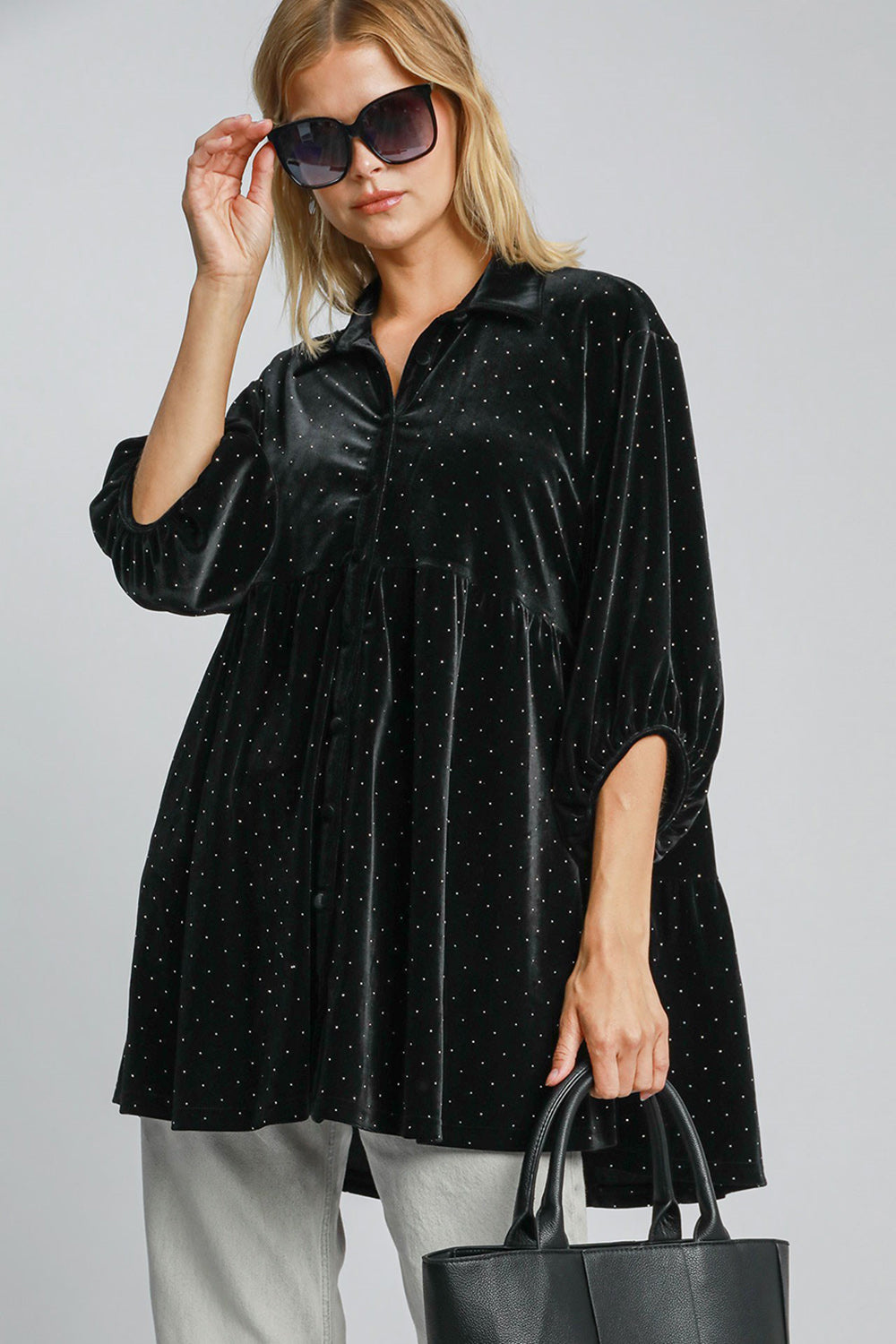 Umgee Velour Polka-dot Boho Oversized Top Peplum Babydoll Shirt Velour Blouse