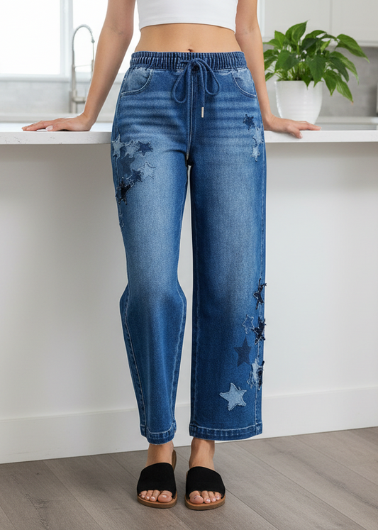 Risen Star Patch High-Rise Elastic Drawstring Waist Denim Pants Baggy Barrel Leg Jeans