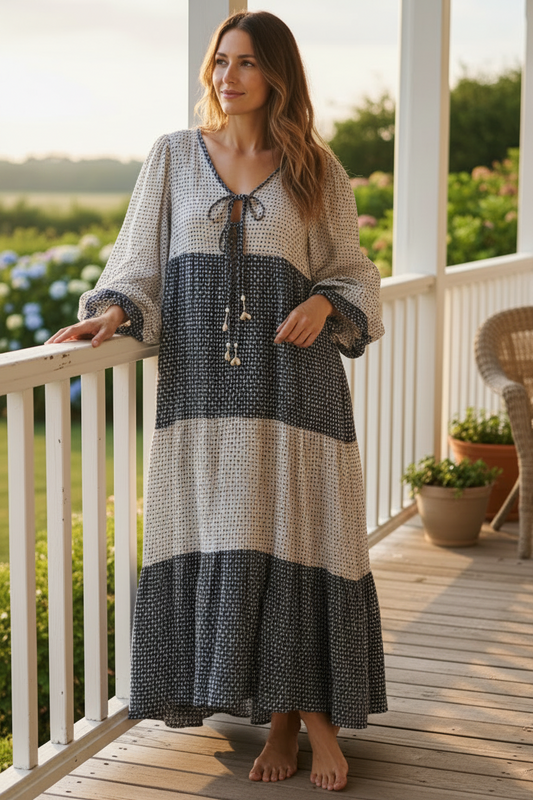 POL Cotton Seashell Tassel Double Bow Tie Contrasting Tiered Baggy Maxi Dress