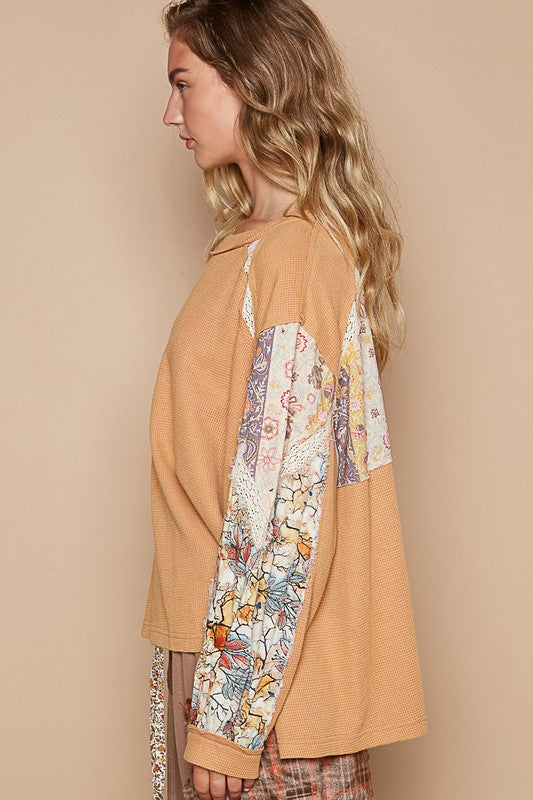 POL Waffle Knit Lace Patchwork Floral Pullover Top Oversized Bohemian Shirt