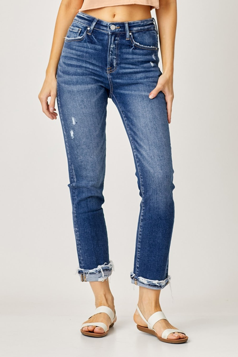 RISEN Retro High-Rise Distressed Mom Jeans Straight Leg Cuffed Raw Denim Pants