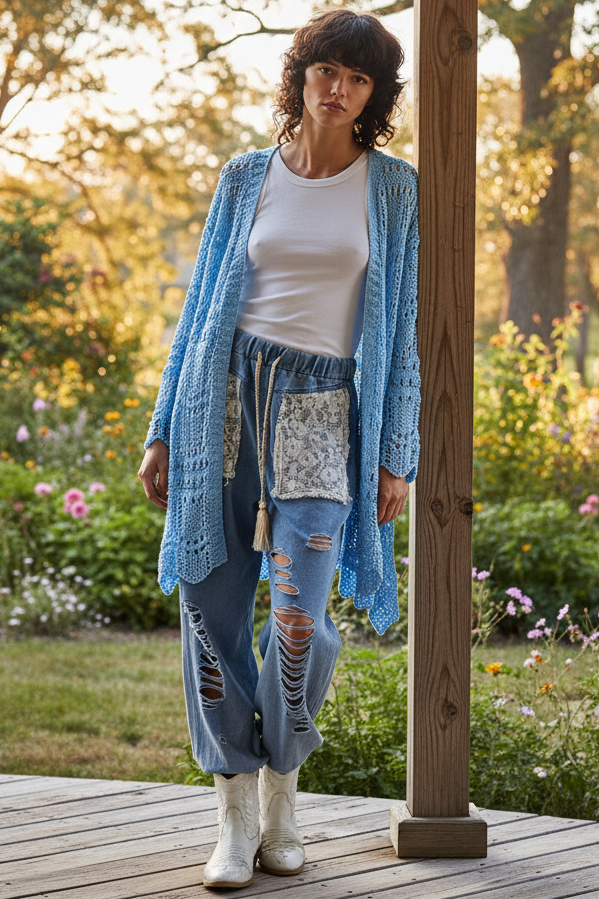 POL Openwork Granny Knit Scalloped Edge Long Sleeve Open Front Cardigan Sky Blue