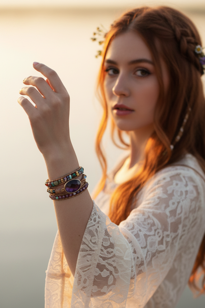 Natural Stone Amethyst Imperial Jasper Agate Multi-Strand Gemstone Wrap Bracelet