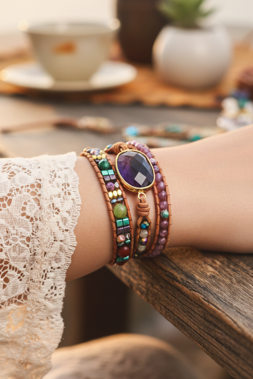 Natural Stone Amethyst Imperial Jasper Agate Multi-Strand Gemstone Wrap Bracelet