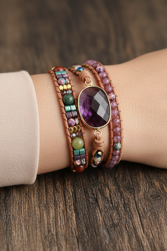 Natural Stone Amethyst Imperial Jasper Agate Multi-Strand Gemstone Wrap Bracelet