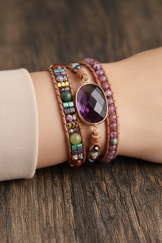 Natural Stone Amethyst Imperial Jasper Agate Multi-Strand Gemstone Wrap Bracelet