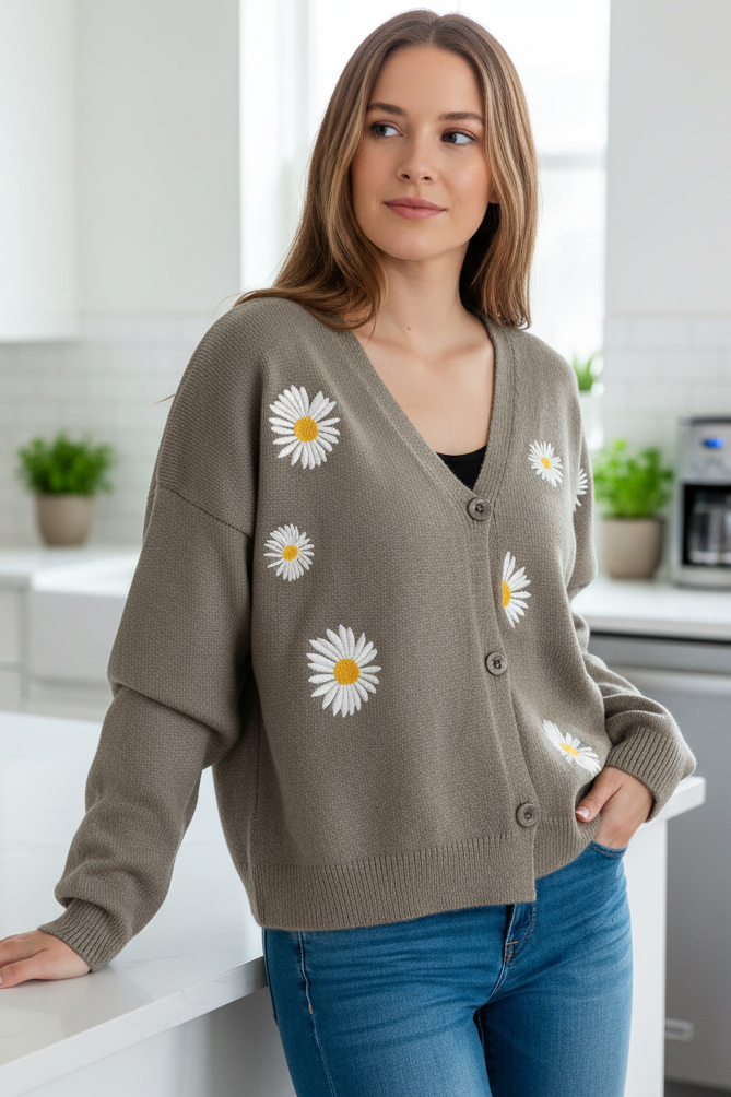 Granny Embroidered Daisy Button Front Sweater V-Neck Long Sleeve Knit Cardigan