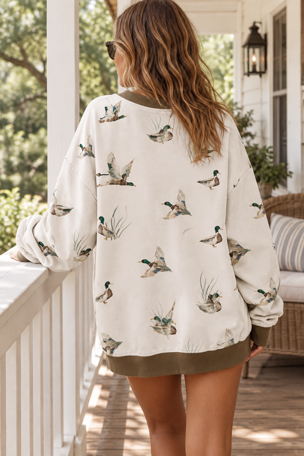 Mallard Duck Howdy Camo Oversized Top Southern Crewneck Western  Sweatshirt Contrast Ribbed Trim