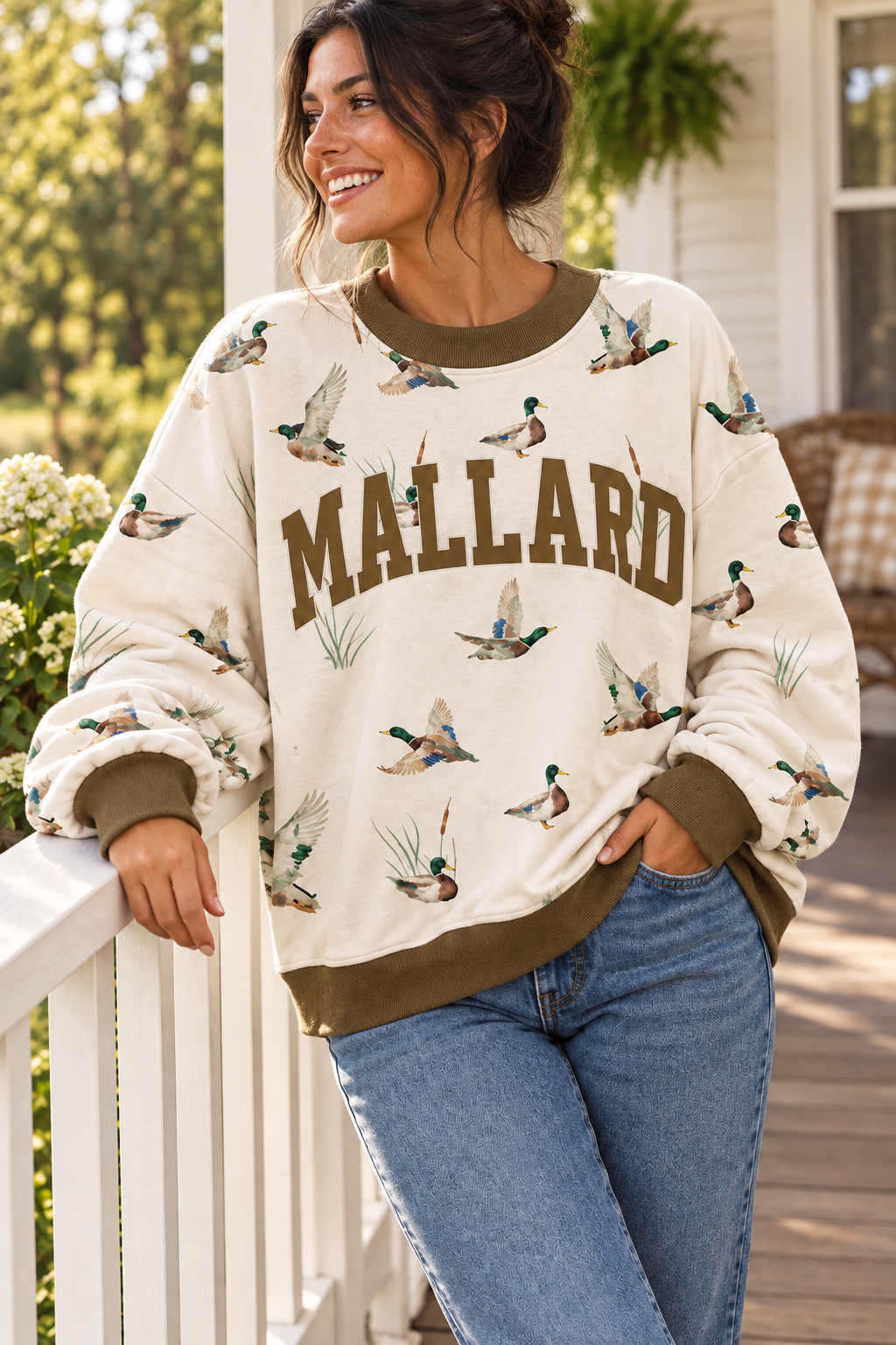 Mallard Duck Howdy Camo Oversized Top Southern Crewneck Western  Sweatshirt Contrast Ribbed Trim