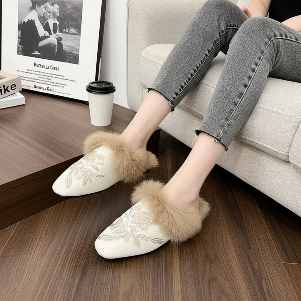 Victorian Floral Embroidered Faux Fur Trim Vegan Suede Slippers Slip-On House Shoes