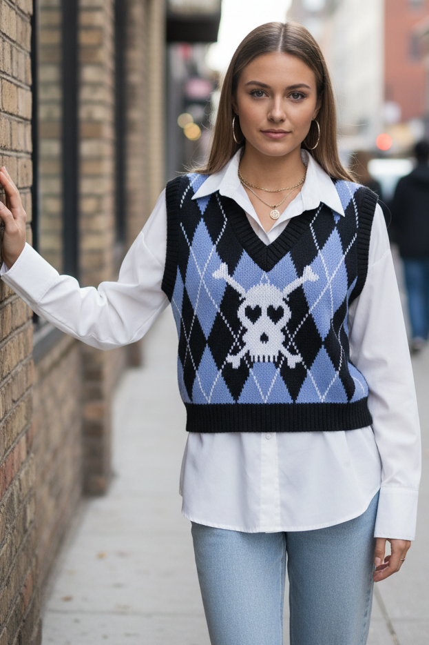 Heart Eye Skull Bone Argyle V-Neck Sleeveless Knit Spooky Sweater Vest