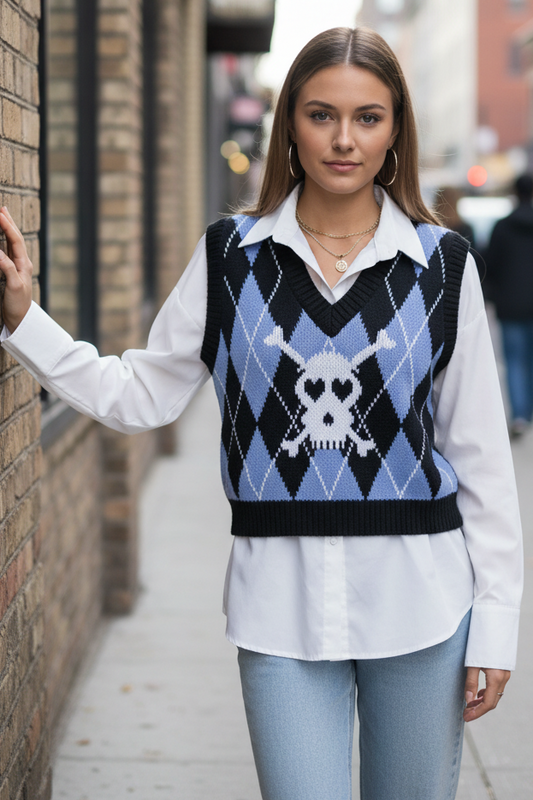 Heart Eye Skull Bone Argyle V-Neck Sleeveless Knit Spooky Sweater Vest