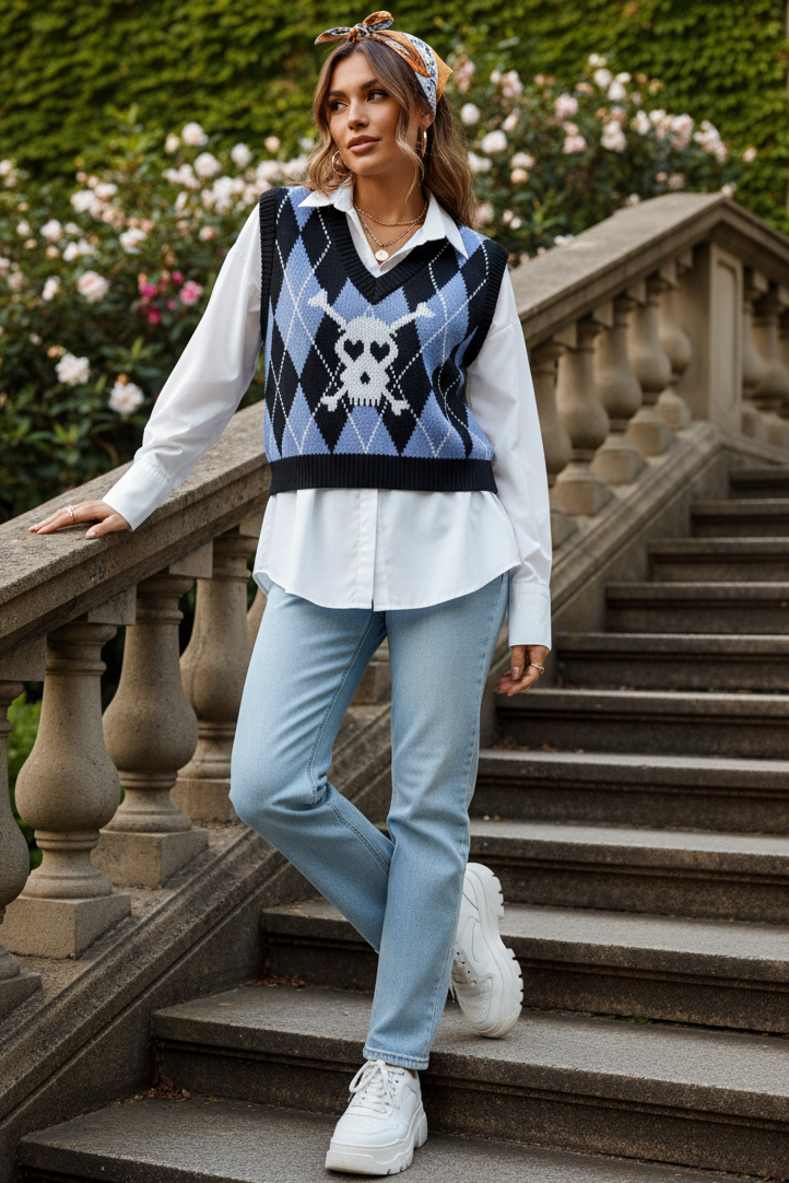 Heart Eye Skull Bone Argyle V-Neck Sleeveless Knit Spooky Sweater Vest
