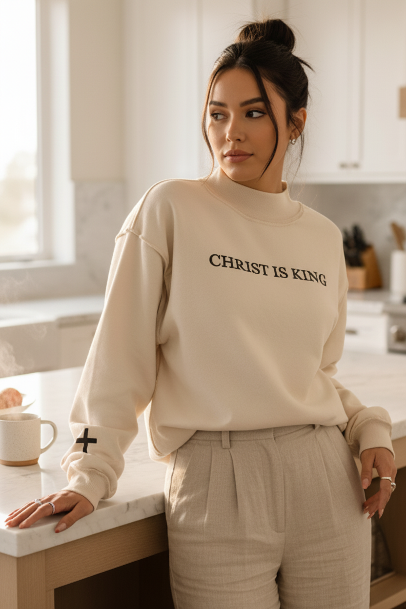 Christ Is King Embroidered Mock Neck Exposed Seam Baggy Top Jesus Oversized Sweatshirt
