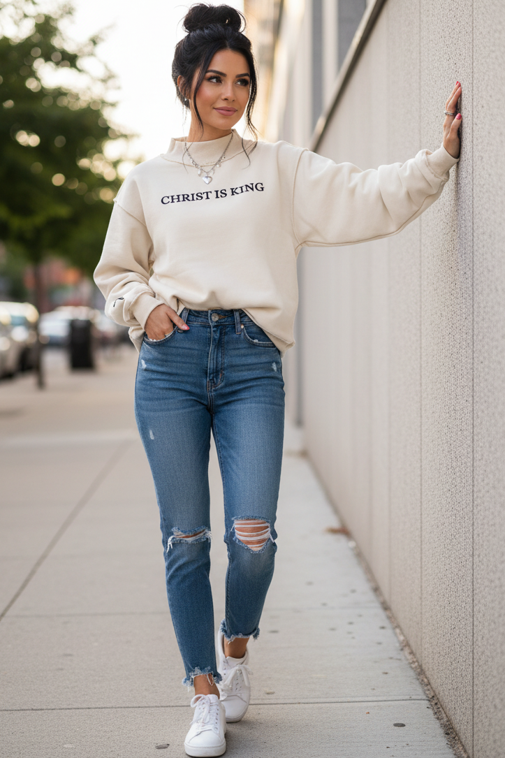 Christ Is King Embroidered Mock Neck Exposed Seam Baggy Top Jesus Oversized Sweatshirt
