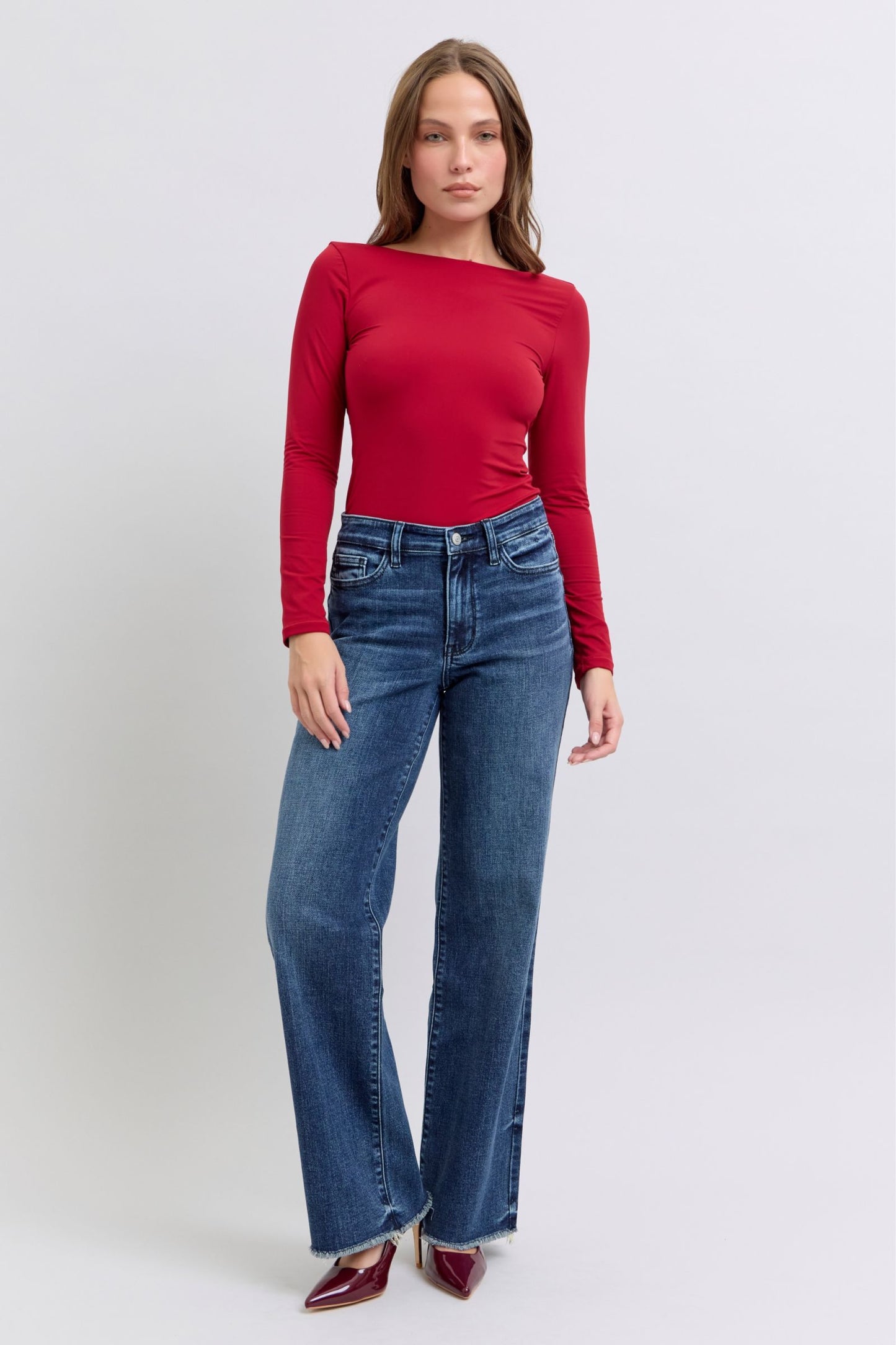 Judy Blue Mid-Rise Straight Leg Boyfriend Relaxed Jeans Raw Hem Denim Pants