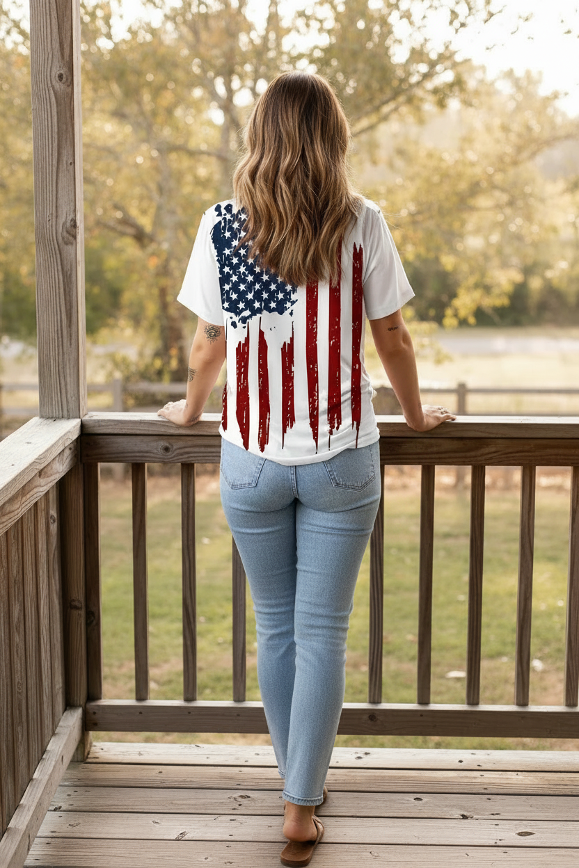 Rustic American Flag V-Neck Retro Short Sleeve Shirt USA Patriotic Top Graphic Tee