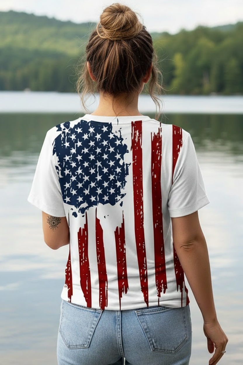 Rustic American Flag V-Neck Retro Short Sleeve Shirt USA Patriotic Top Graphic Tee