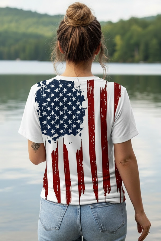 Rustic American Flag V-Neck Retro Short Sleeve Shirt USA Patriotic Top Graphic Tee
