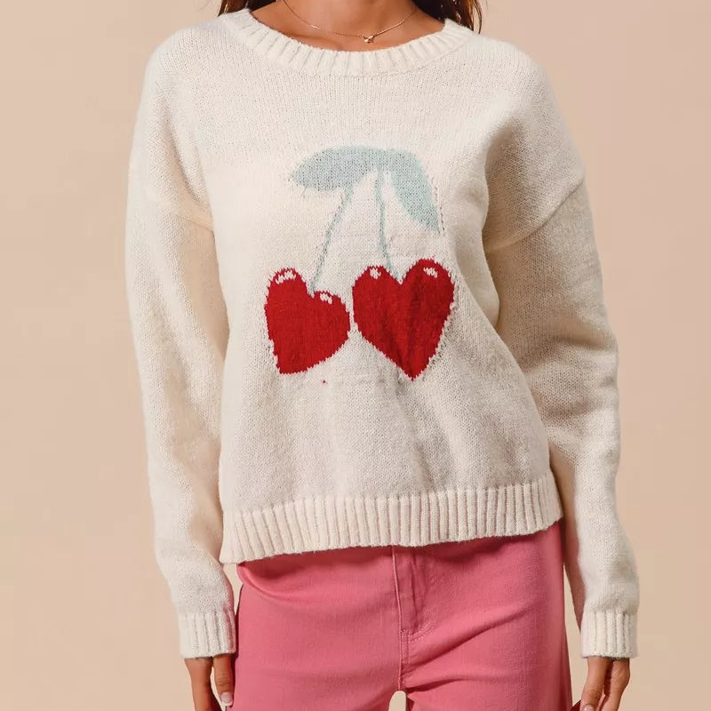 SO ME Cherry Heart Knit Sweater Top Valentine Long Sleeve Round Neck Pullover Ivory