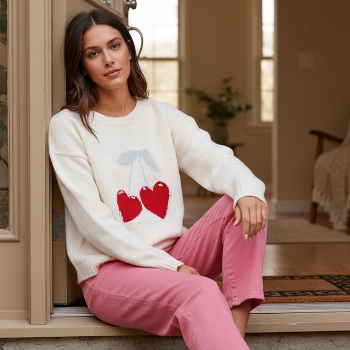 SO ME Cherry Heart Knit Sweater Top Valentine Long Sleeve Round Neck Pullover Ivory