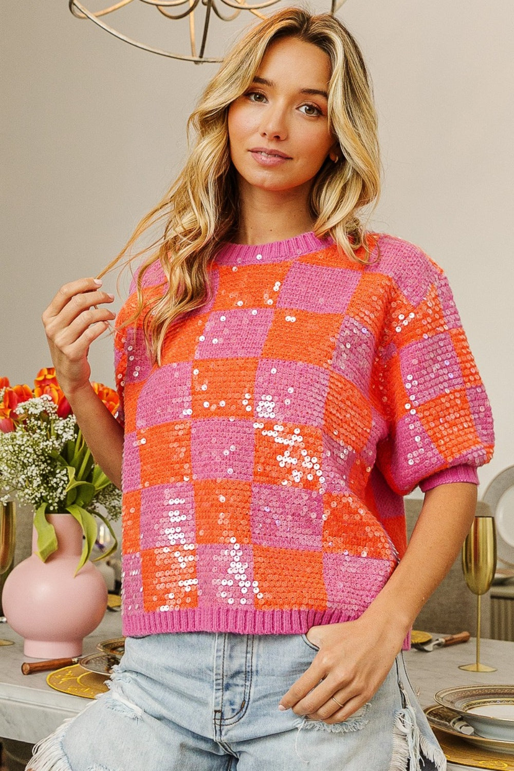 BiBi Sequin Knit Sweater Bright Checkered Top Sparkling Half Sleeve Retro Glam Shirt