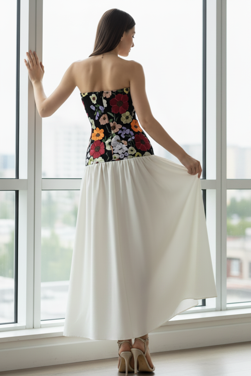 Floral Embroidered Strapless Corset Drop Waist Colorful Fit and Flare Maxi Dress