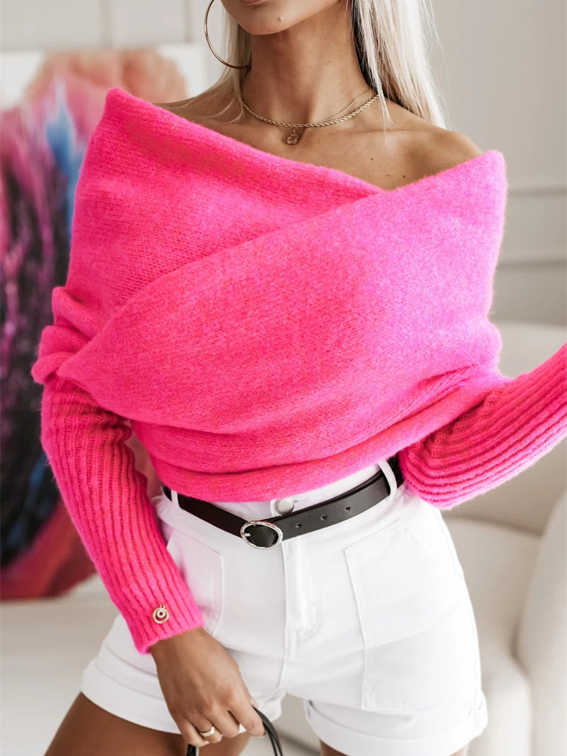 Twisted Knit Wrap Crop Top Bardot Off-shoulder Ribbed Long Sleeve Soft Sweater Shirt