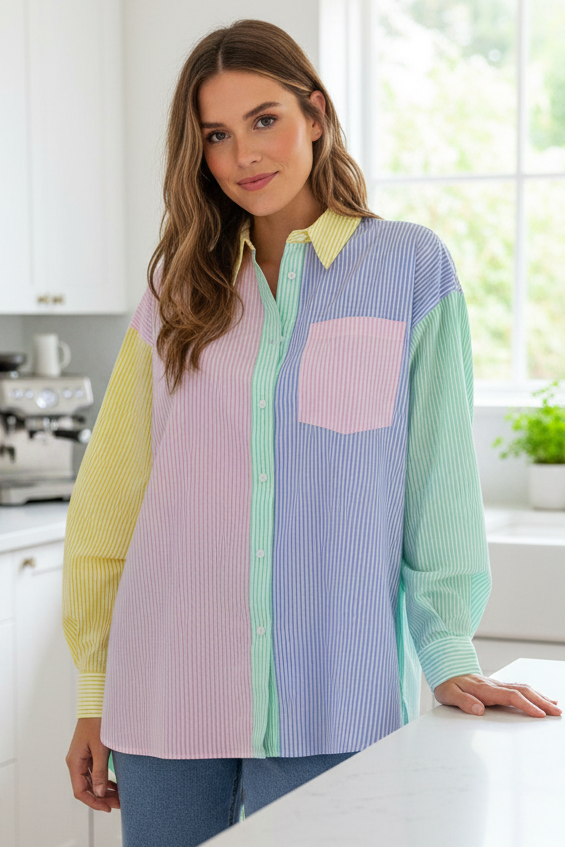 Oversized Boyfriend Button-Up Stripe Color Block Long Chest Pocket Sleeve Dress Shirt