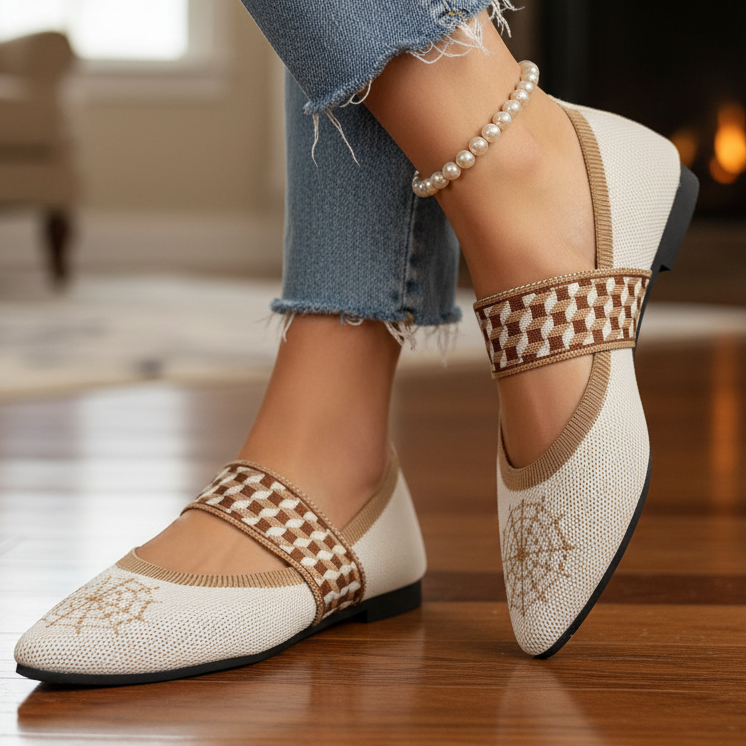 Contrasting Knit Pointed Toe Mary Jane Wide Strap Ballet Flats Slip-On Geometric Shoes