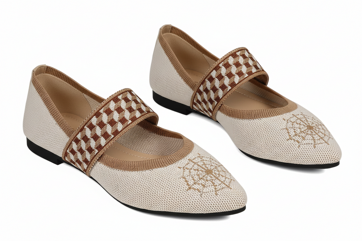 Contrasting Knit Pointed Toe Mary Jane Wide Strap Ballet Flats Slip-On Geometric Shoes