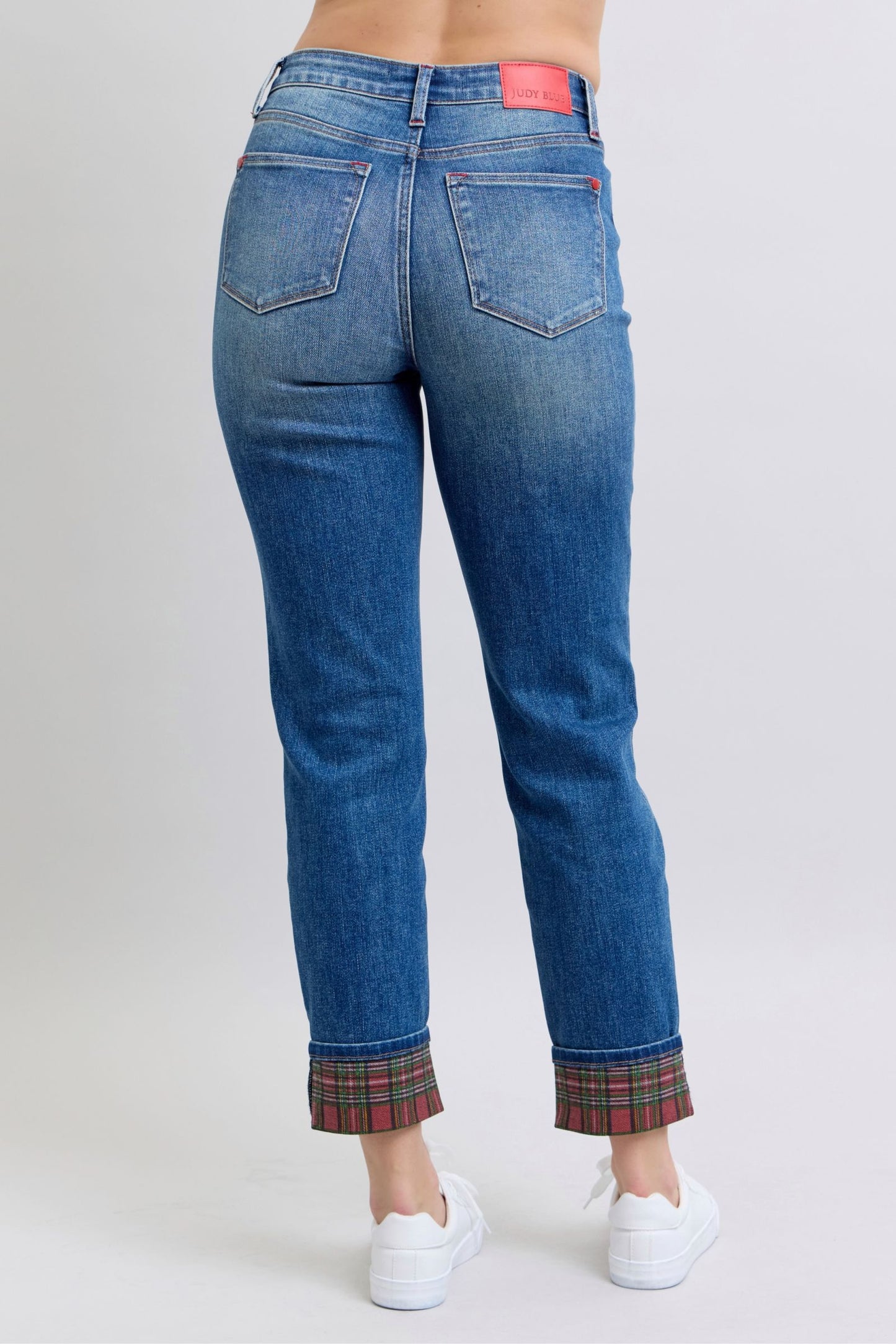 Judy Blue Red Plaid Cuffed High-Rise Straight Leg Cropped Jeans Limited Denim Pants