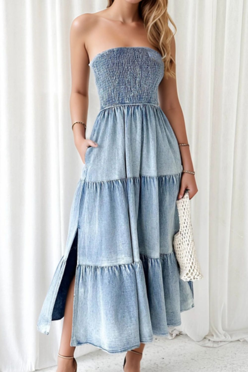 Smocked Tube Slit Tiered Denim Dress Light Blue / L
