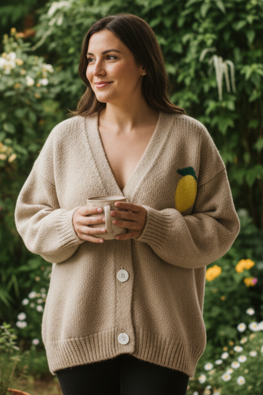 Limon Knit Oversized Lemon Button Front Sweater Long Sleeve V-neck Cardigan