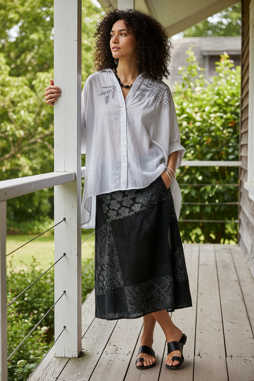 POL Embroidered Cotton Floral Button Down Top High-Low Oversized Collared Shirt