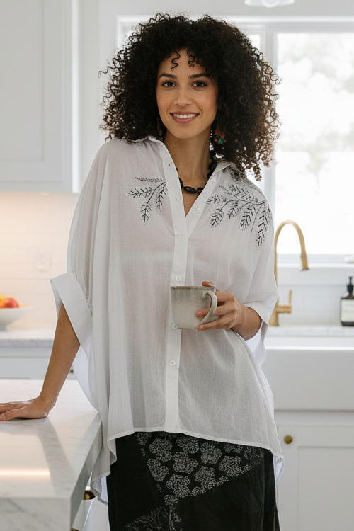 POL Embroidered Cotton Floral Button Down Top High-Low Oversized Collared Shirt