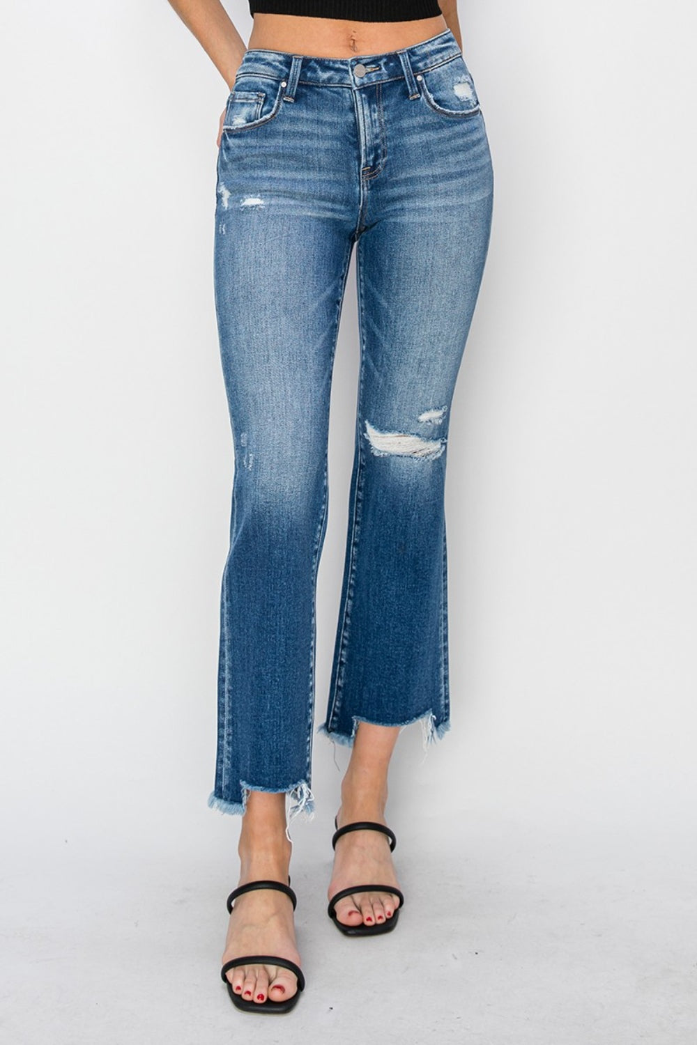 RISEN High-Rise Slim Straight Leg Step Frayed Hem Distressed Jeans Denim Pants